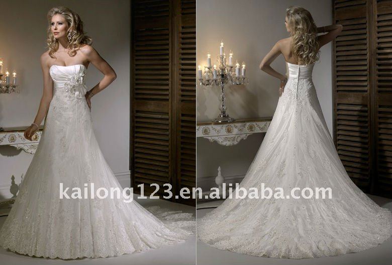 Stunning Aline Empire Strapless Lace Flowers Taffeta Tulle Wedding Gown