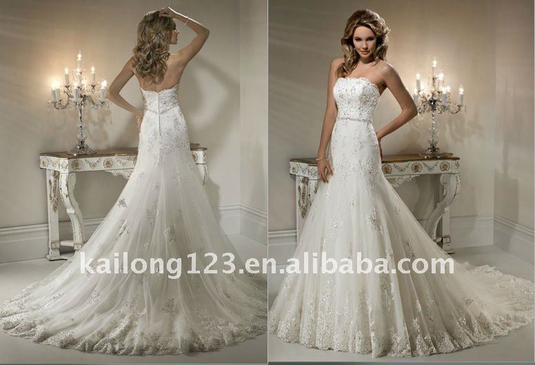 Vintage Dropped Aline Strapless Beaded Lace Appliques Tulle Wedding Gown