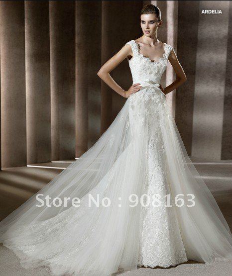 New Style Cap Sleeve Mermaid White Lace Designer Wedding Dress 2012 with 