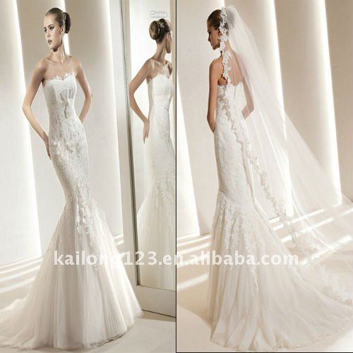 Glamorous Mermaid Strapless Appliqued Lace Bow Sash Tulle Wedding Dress