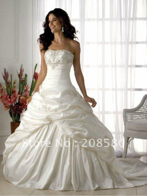 Hot sell strapless ball gown beaded appliqued taffeta wedding dresses bridal