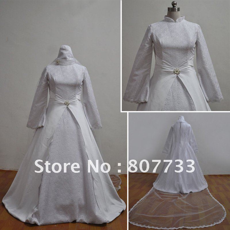 2011 Hot sell MSL017 lace Muslim wedding gown long sleeves