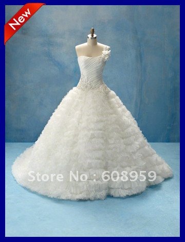 Real Sample Ball Gown Princess One Shoulder Pleated Chapel Train Tulle 