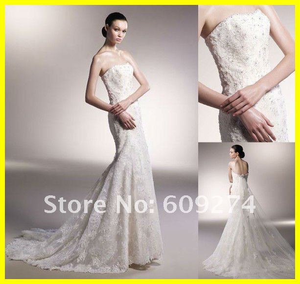 2012 Vintage Strapless Lace Beading Mermaid Court Train Wedding dress Bridal
