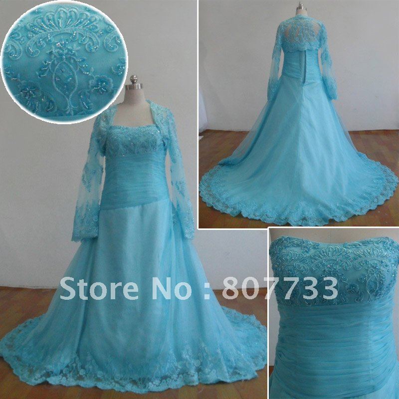  2011 wholesale 100 hand beaded blue wedding dress with long sleeves 