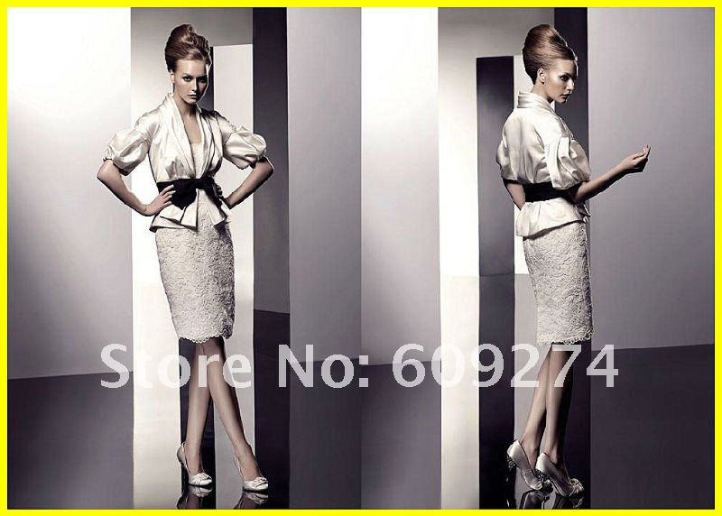 2012 New Style Short Sleeve Knee Length Satin Lace Vintage Wedding Dress 