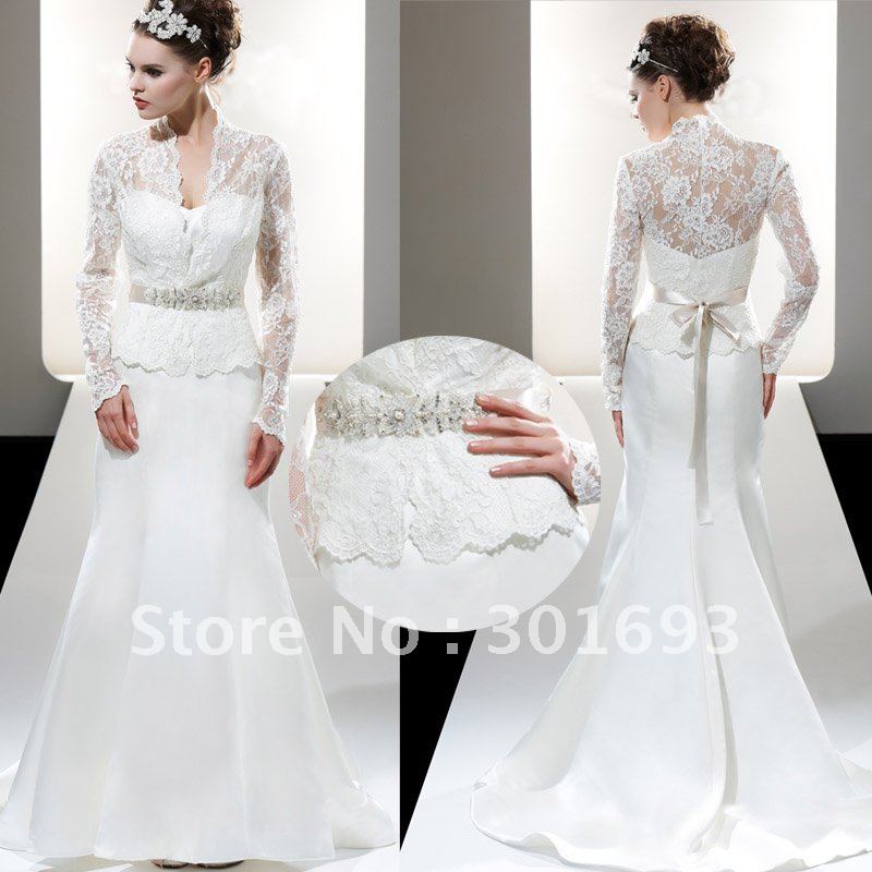 Free Shipping OLW25 Long Sleeve Lace Mermaid Wedding Dresses with Detachable