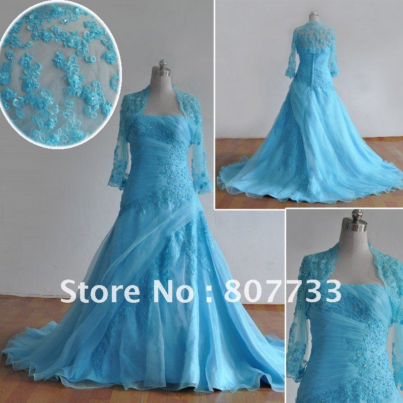 R0076 wedding dress blue with long sleeves lace jacket online designer 100 