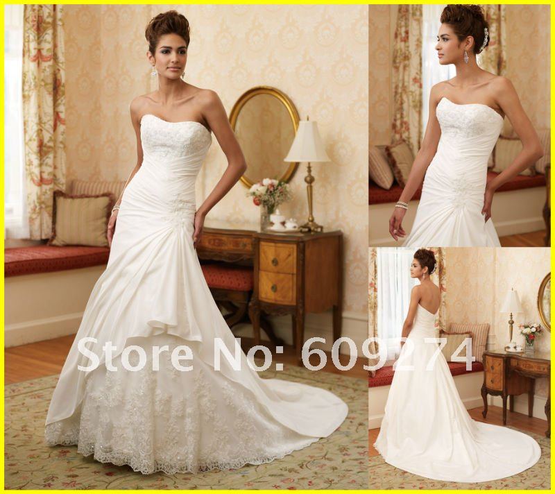 Strapless Satin Applique Mermaid Affordable Wedding Dress Bridal Gown