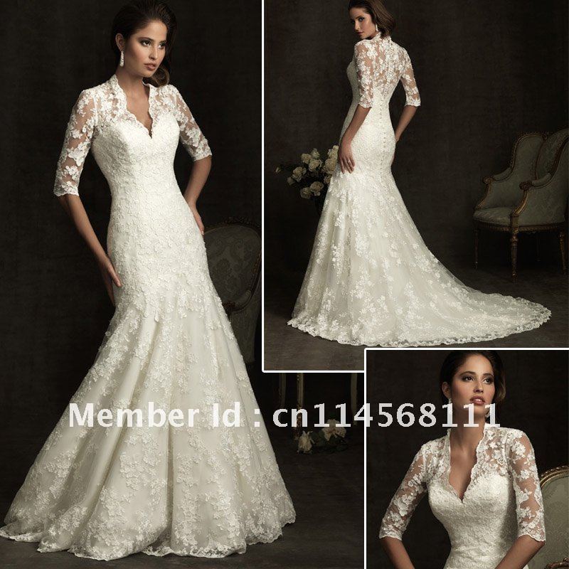 W010 sexy v neck lace long sleeve wedding dress mermaid