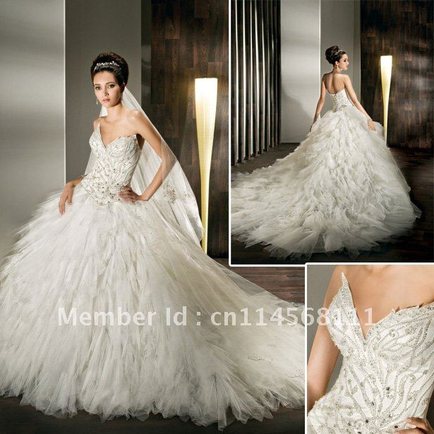 W013 luxurious Demetrios chapel train crystals beaded lace open back wedding