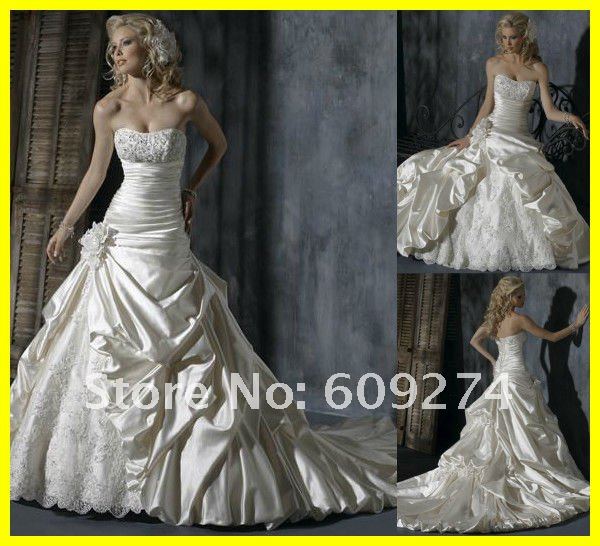  Strapless Backless Chapel Train Taffeta Applique Ball gown Wedding Dress 