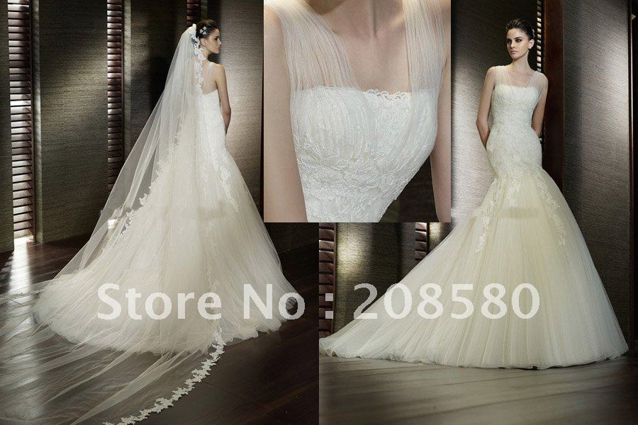 Popular appliqued lace mermaid tulle wedding dresses bridal gowns shoulder 