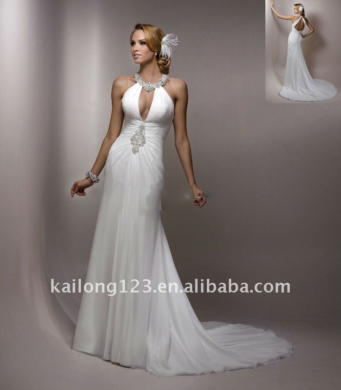 Sexy Sweet Plunging Halter Sheath Chapel Train Ruched Beaded Chiffon Wedding