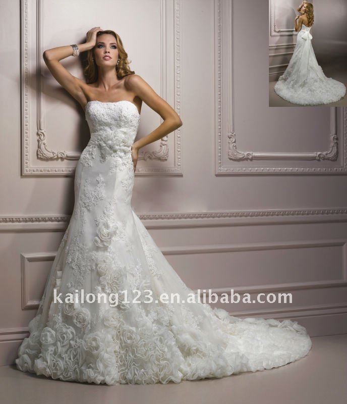  train Organza Flowers Beaded Lace Appliques Tulle Popular Wedding Dress