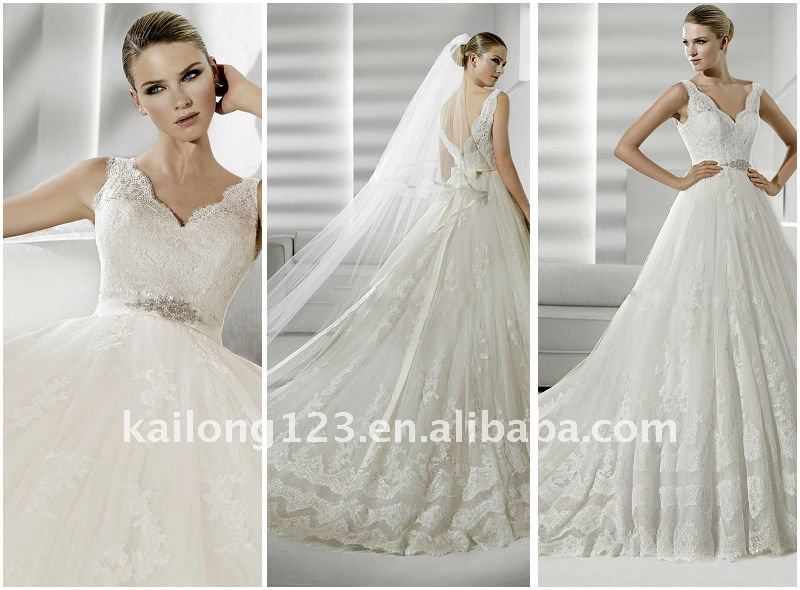  Vneck Scalloped Sleeveless Tulle and Lace Appliques Bridal Dresses