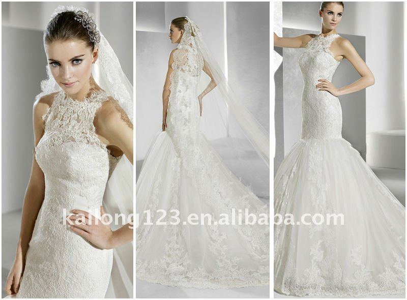 Sexy High Neck Tulle and Lace Chapel train Mermaid Trumpet Bridal Dresses