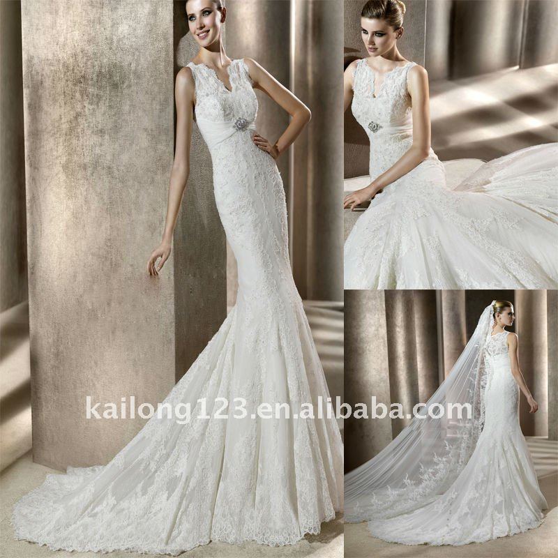 Scalloped Vneck Mermaid Chapel train Beaded Lace Appliques Lace On Tulle