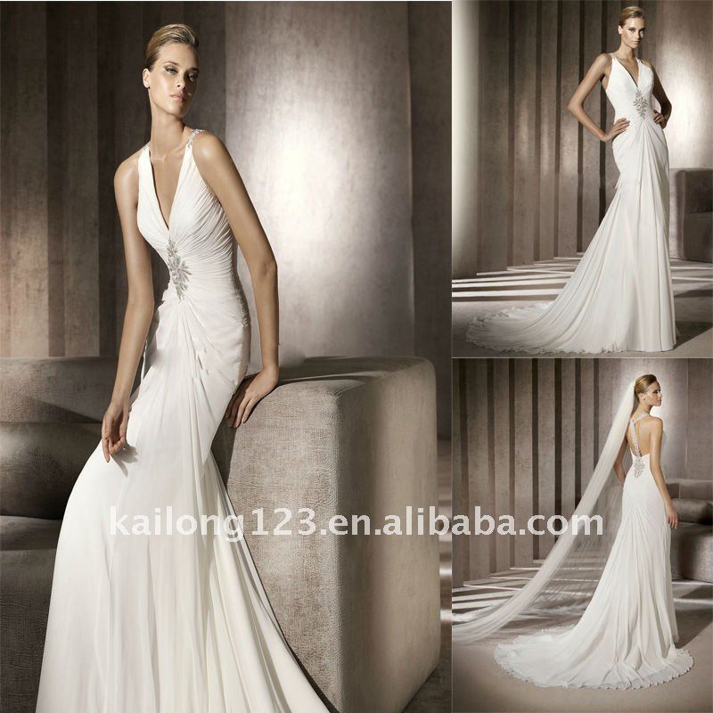  Beaded Embroidery Appliques Chapel Train Chiffon Tback Wedding Gown