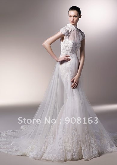 Popular High Collar Tulle and Lace Mermaid Wedding Dress Stores Custom 