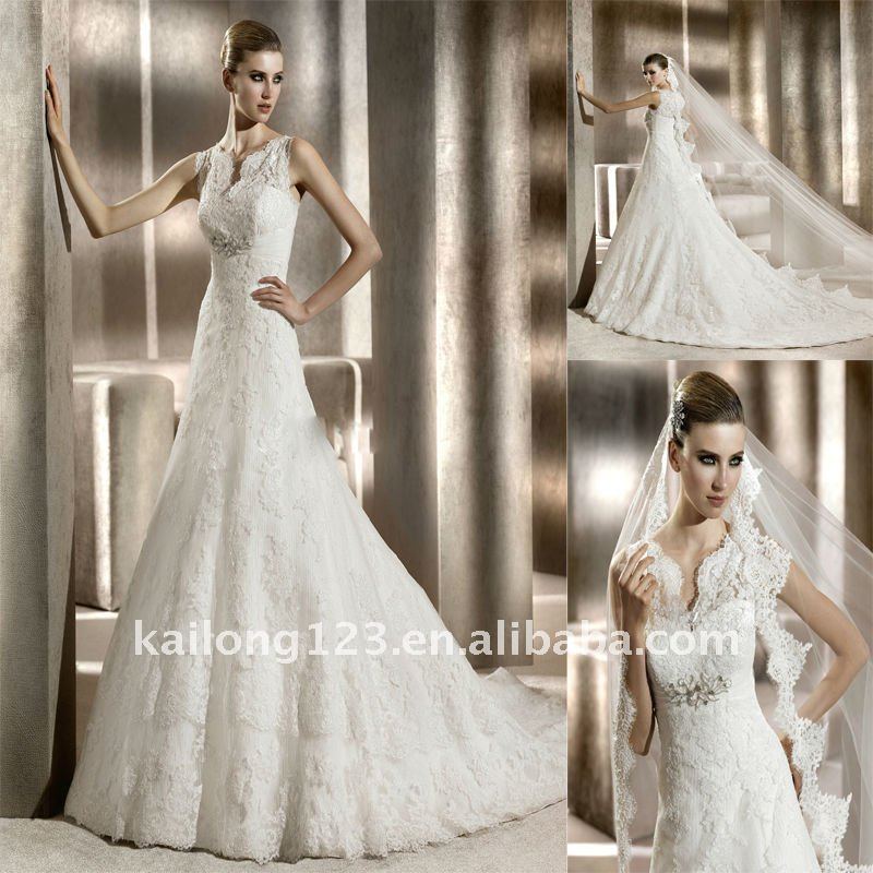  Vneck Aline Chapel train Lace Appliques Tulle Princess Wedding Dress