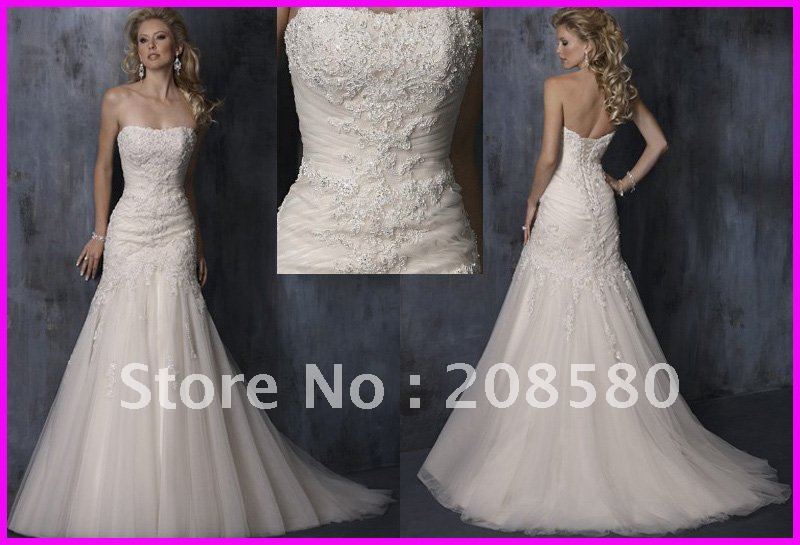 Ivory strapless beaded appliqued bridal gowns wedding dresses lace up back