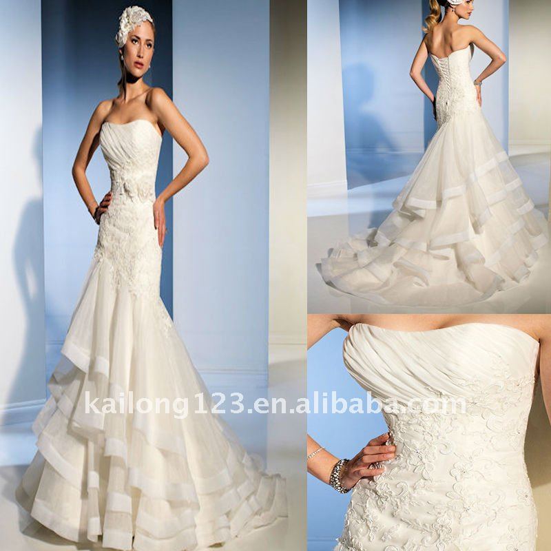 Modest Beaded Lace Tiered Appliqued Wedding Dress