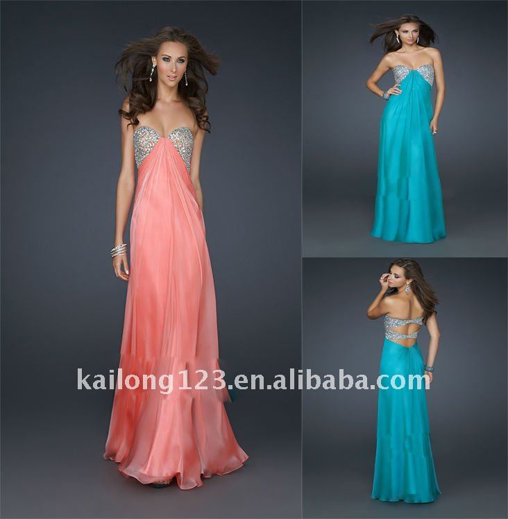 Flowing Floolength Coral Peacock Blue Yellow Chiffon Beaded Prom Dress