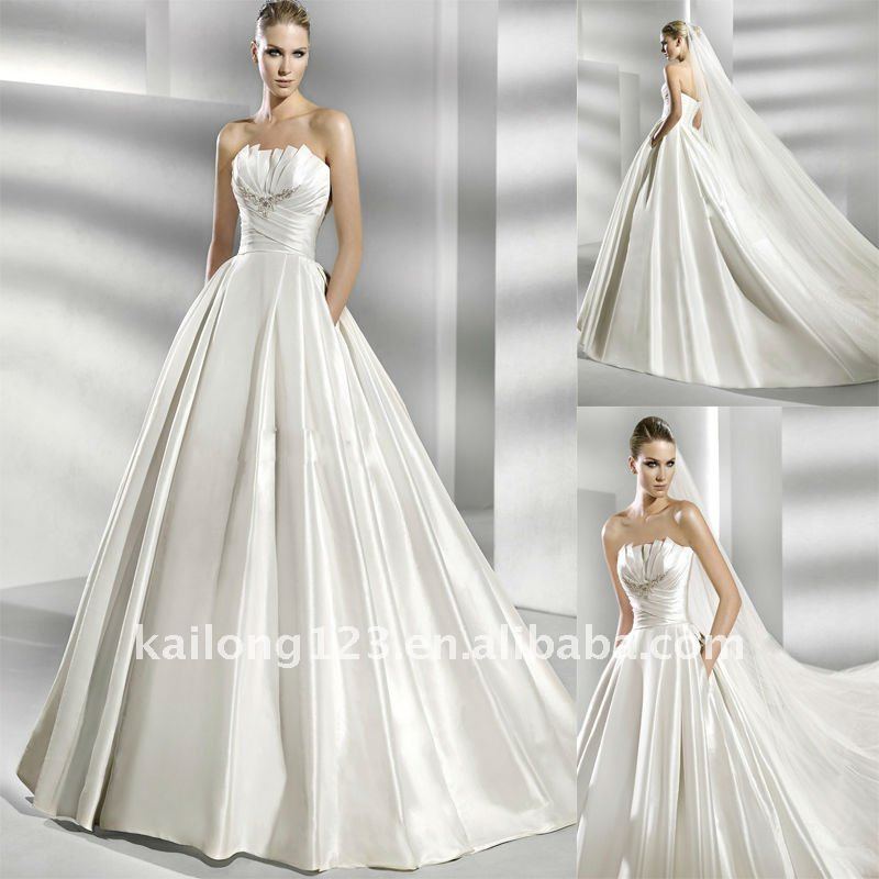 Strapless Pleated Embroidered Appliques Chapel Train Taffeta With Pockets 
