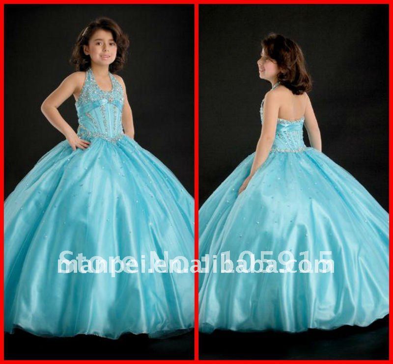 H30 2012New Fashion Sky Blue Custom Little Ball Gown Organza Sequin Halter