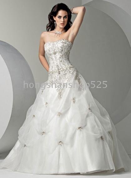 New Strapless silver sequin Beading Wedding dress ruched fabric Court train