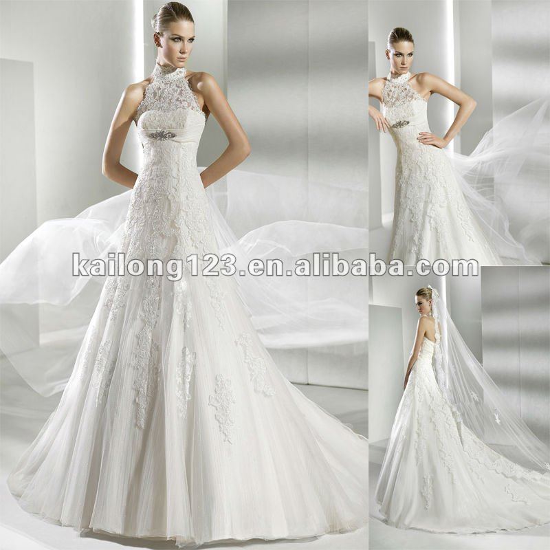 Chic Aline Chapel train Beaded Lace Appliqued Tulle High Neck Bridal Dress
