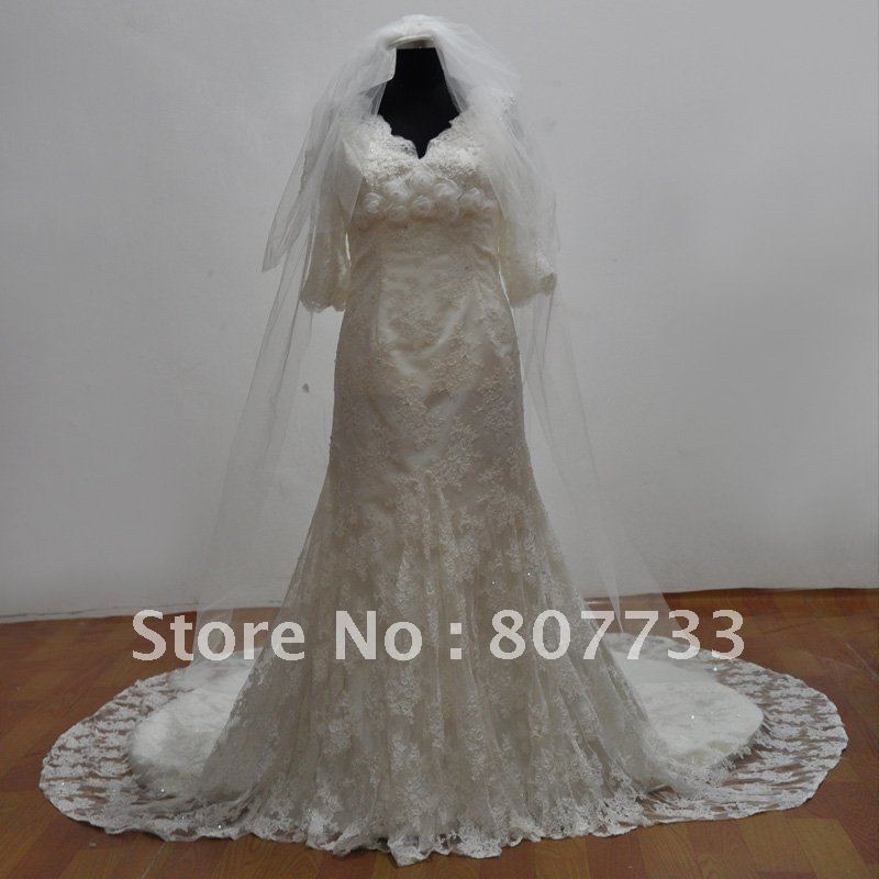  2011 Free long veil match gorgeous lace long sleeve arabic wedding dress