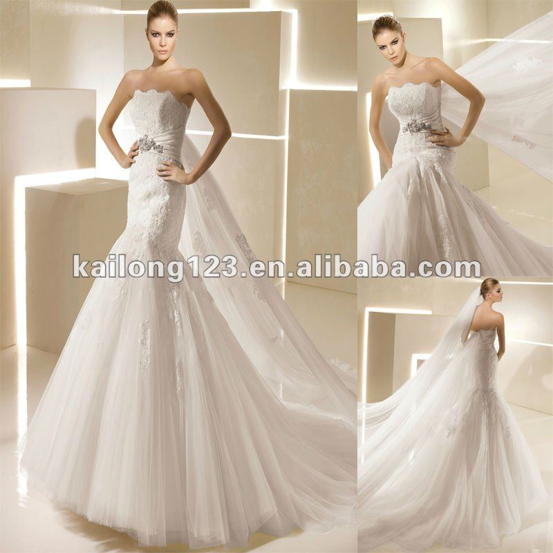  Fit and Flare Chapel train Lace Tulle With Sash Mermaid Wedding Dress