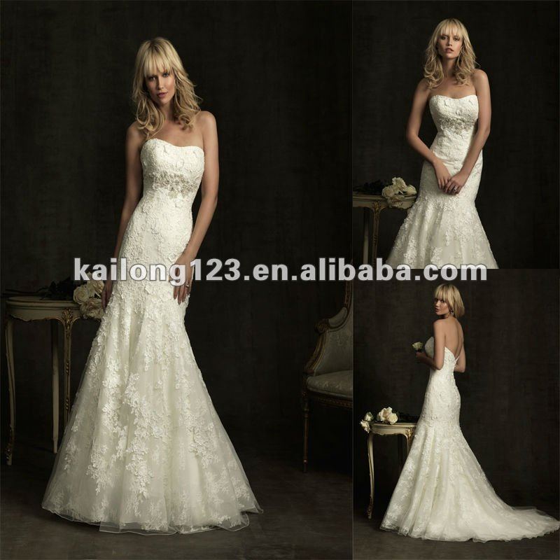 Strapless Scoop Lace Appliques Fitted Trumpet Mermaid Court Train Organza 