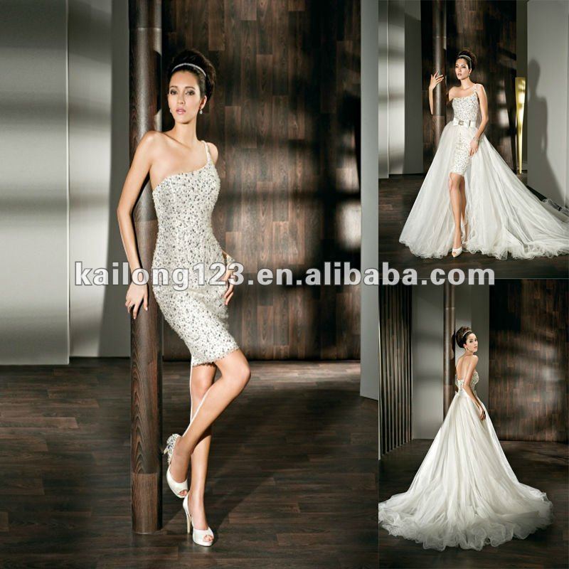  Removable Tulle Wrap Train Beaded Tulle Sexy Short Wedding Dresses