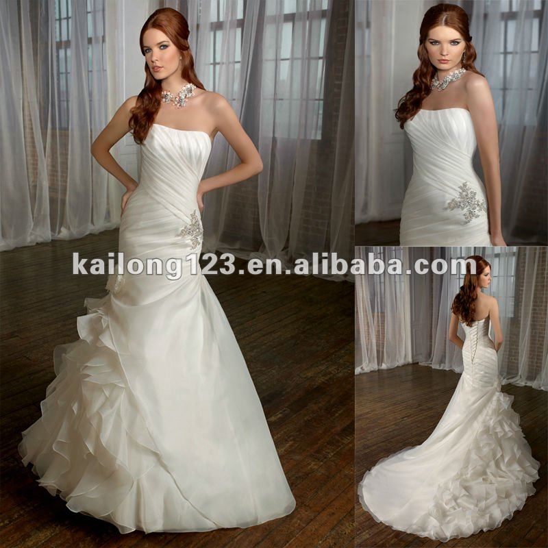  Strapless Fit and Flare Chapel train Beaded Draped Organza Wedding Gowns