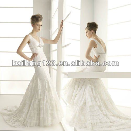 Elegant Vneck Tank Lace Tiered Trumpet White Wedding Dress