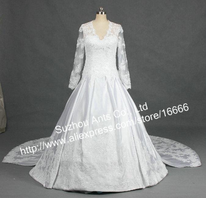 ALine White Lace and satin Long Sleeve Bridal Gown button back 2012 Formal 