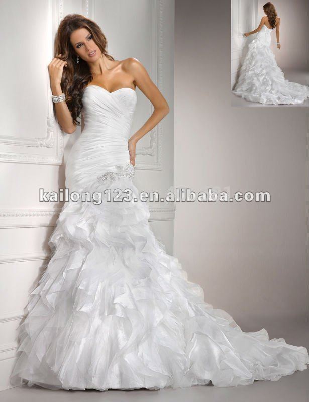  Fit and Flare Chapel train Layers Ruffle Organz Tulle Wedding Gowns