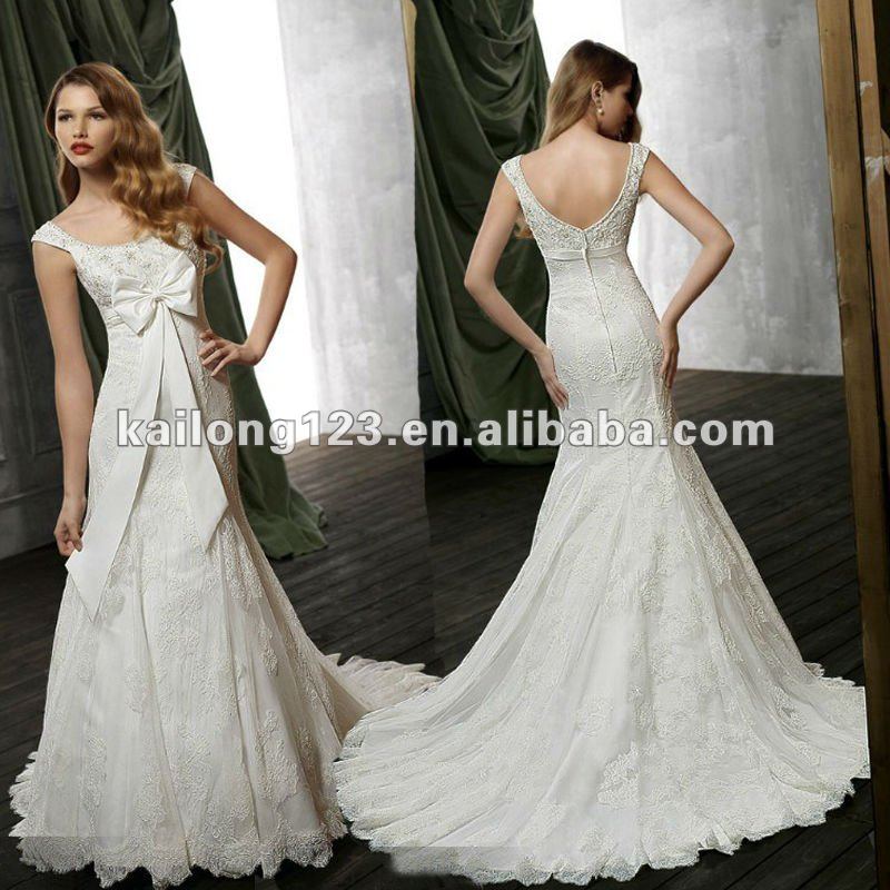 Fashional Cap sleeves Appliqued Sash Lace Wedding Gown