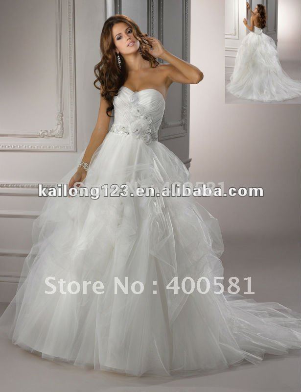 Crystal Beaded Floral Ruched Organza Pick Up Tulle Croset Wedding Dress