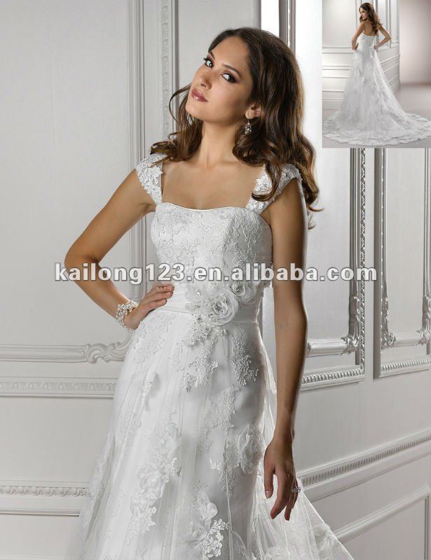  Sleeves Aline Chapel train 3d Flowers Crystal Tulle Lace Wedding Dress