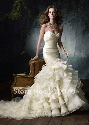 2012 Sweetheart White Organza Wedding Dress Drop Waist Court Train Mermaid