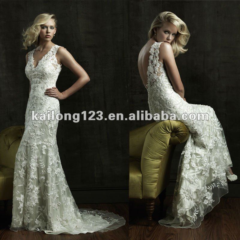 Vneck Charmeuse Satin Lace Overlay Low Back White Embroidery Wedding Dress