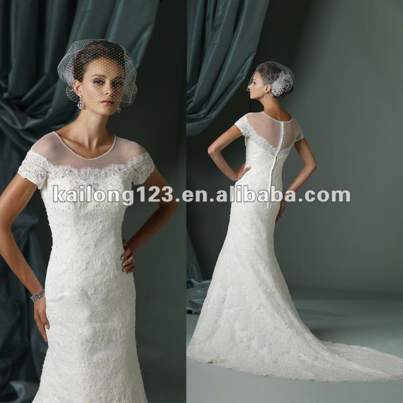 Unique Design Sheer Jewel Short Sleeves Lace Aline Wedding Gown