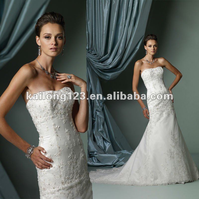 Strapless Appliqued Beaded Crystal Aline Lace White Luxury Wedding Gown