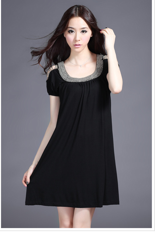 XL 3XL Ladies Plus Size Black Beaded Short Sleeve Stretchy Dress ...